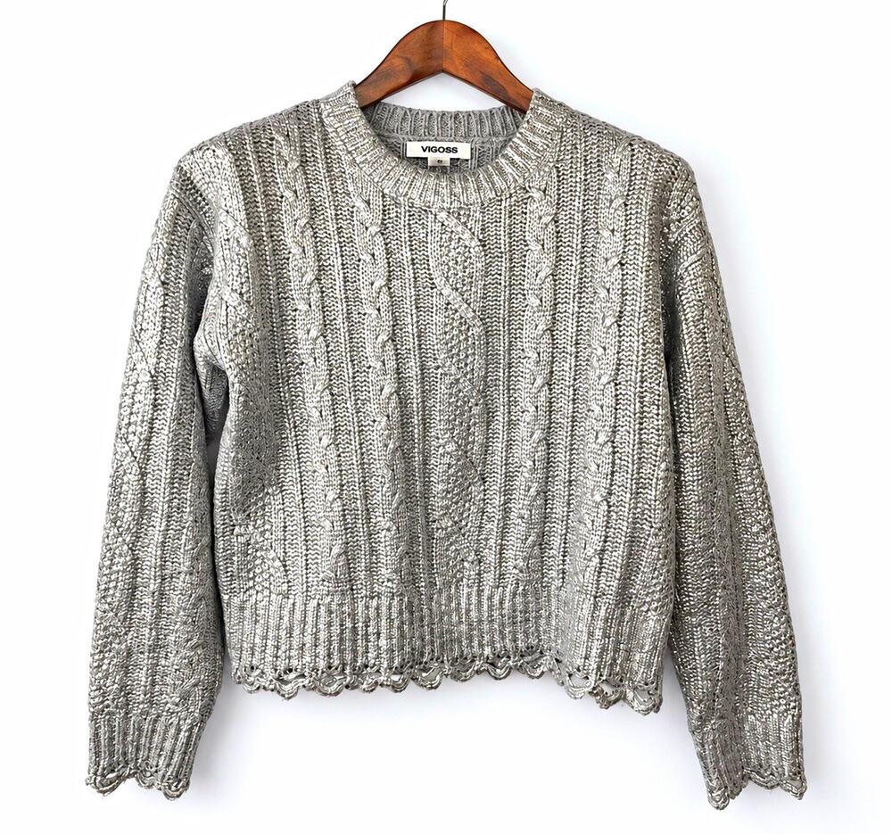VIGOSS Metallic Cable Stitch Sweater XS Silver Cropped Distressed Holiday Party